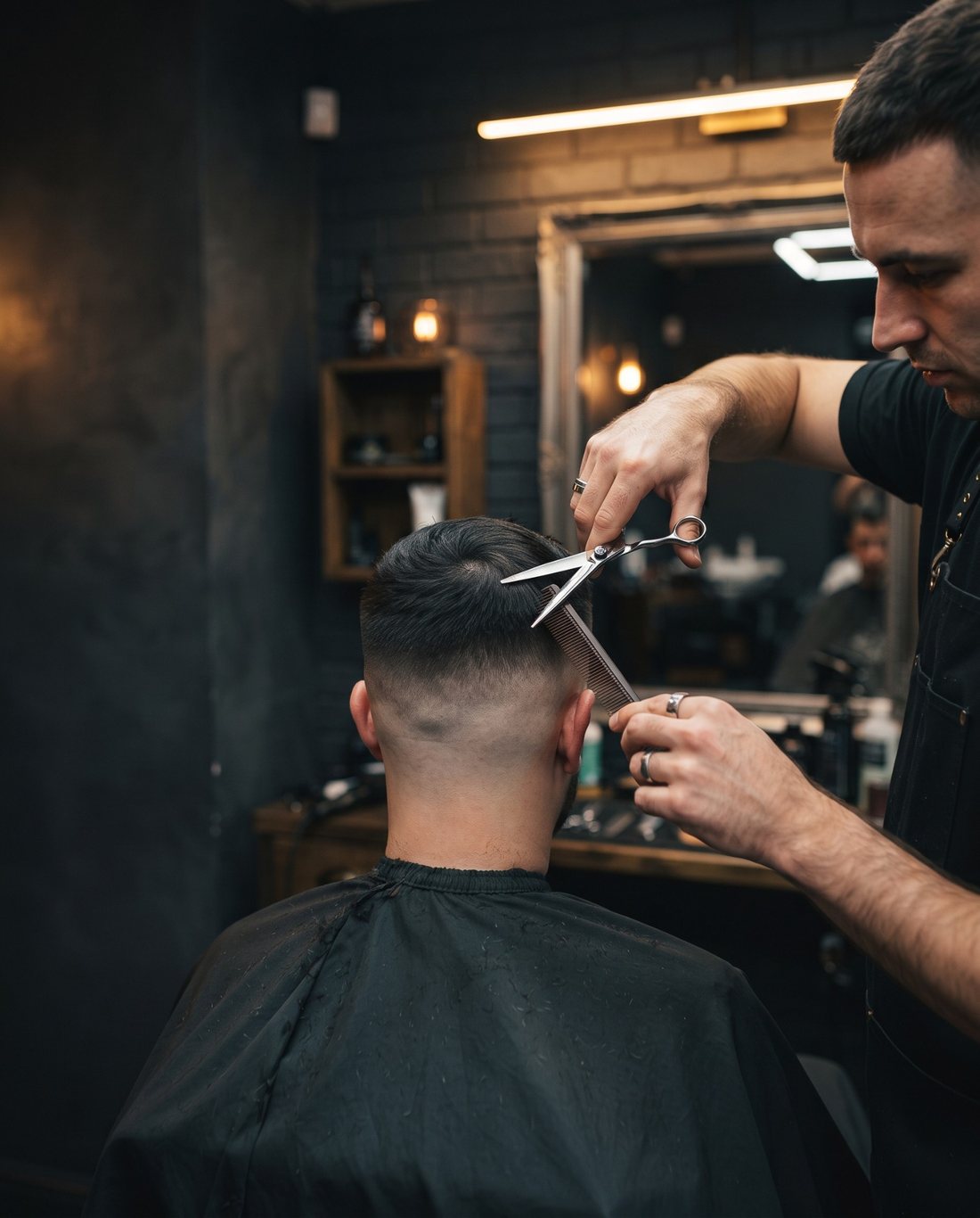 A barber cutting the top of a short fade with scissors and a comb in a dark, brick-walled barber shop, the client seen from behind