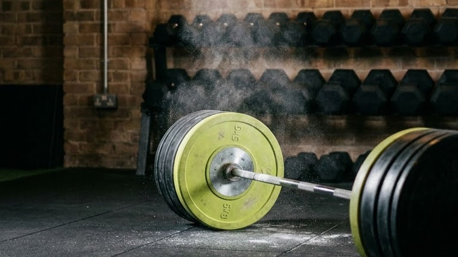 A loaded barbell with lime green plates on black rubber flooring in front of a rack of dumbbells and a brick wall.