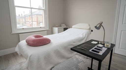 A calm lash treatment room with a white bed, a blush pillow, a lamp and a black side table holding a tray of lashes.