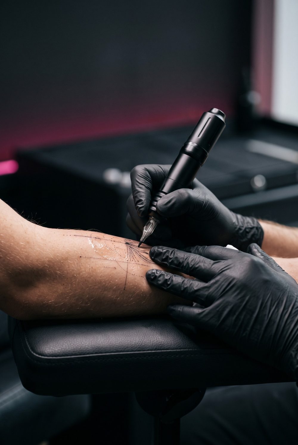 A tattoo artist in black gloves drawing a fine line design on a client's forearm